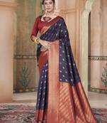 Navy Blue Kanchivaram Silk Zari Weaving With Gold Zari Border And Pallu Saree With Blouse For Women
