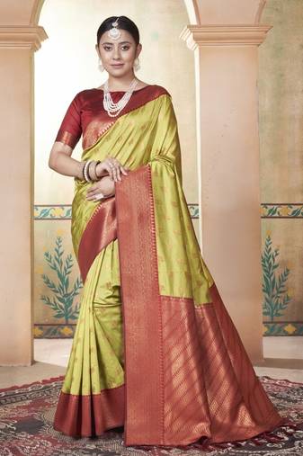 Parrot Kanchivaram Silk Zari Weaving With Gold Zari Border And Pallu Saree With Blouse For Women