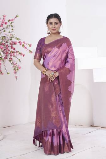 Purple Kanchivaram Silk Zari Weaving With Gold Zari Border And Pallu Saree With Blouse For Women