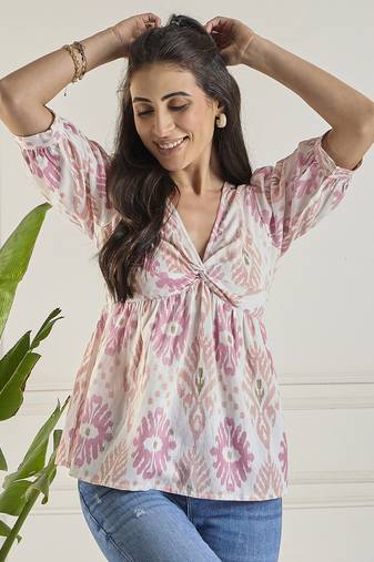 Winered women printed cotton ruched top