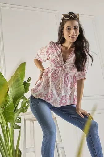 Winered women printed cotton ruched top