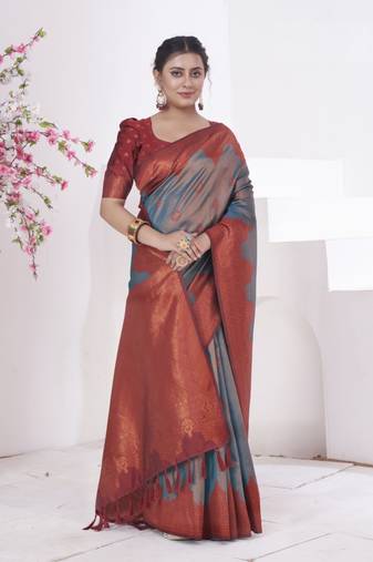 Teal Kanchivaram Silk Zari Weaving With Gold Zari Border And Pallu Saree With Blouse For Women
