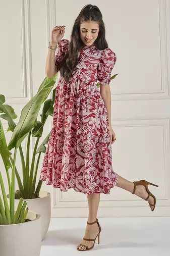 Winered women maroon calf length tiered dress