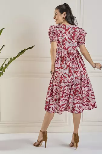Winered women maroon calf length tiered dress