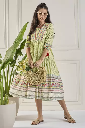 Winered women lime placement print tiered dress