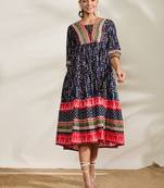 Winered women blue placement print tiered dress