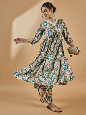 Winered woman teal blue floral print rayon embroidered kurta set 1