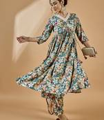 Winered woman teal blue floral print rayon embroidered kurta set