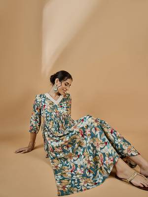 Winered woman teal blue floral print rayon embroidered kurta set 2