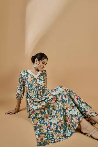Winered woman teal blue floral print rayon embroidered kurta set