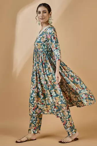 Winered woman teal blue floral print rayon embroidered kurta set