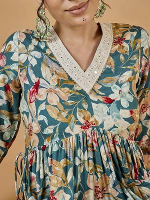 Winered woman teal blue floral print rayon embroidered kurta set 4