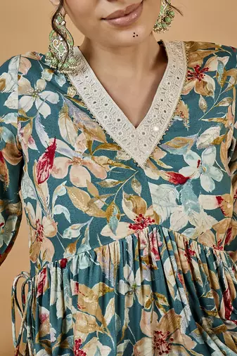 Winered woman teal blue floral print rayon embroidered kurta set