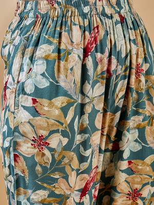 Winered woman teal blue floral print rayon embroidered kurta set 5