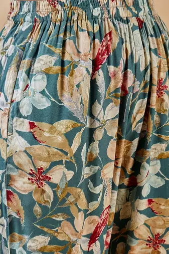 Winered woman teal blue floral print rayon embroidered kurta set