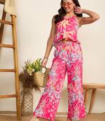 Winered women pink print halter neck crop top and pant co-ord set