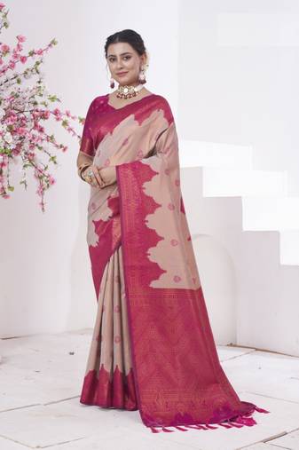 Rani Pink Kanchivaram Silk Zari Weaving With Gold Zari Border And Pallu Saree With Blouse For Women