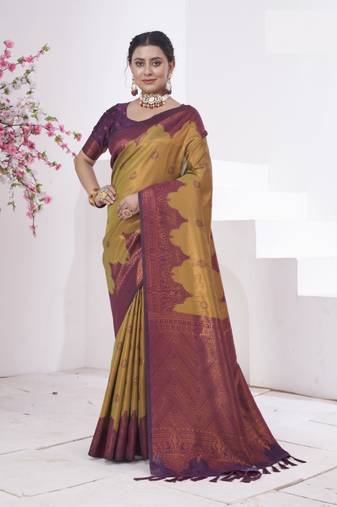 Mustard Kanchivaram Silk Zari Weaving With Gold Zari Border And Pallu Saree With Blouse For Women
