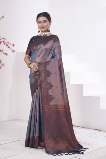 Indigo Kanchivaram Silk Zari Weaving With Gold Zari Border And Pallu Saree With Blouse For Women