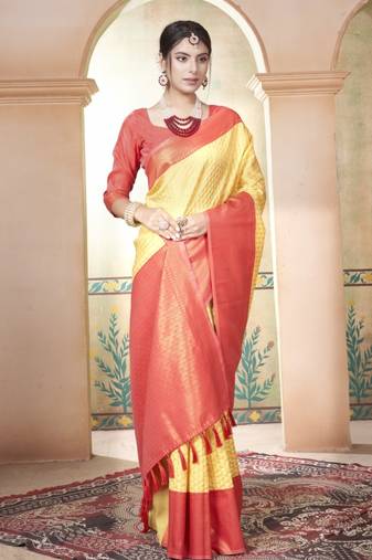Yellow Kanchivaram Silk Zari Weaving With Gold Zari Border And Pallu Saree With Blouse For Women