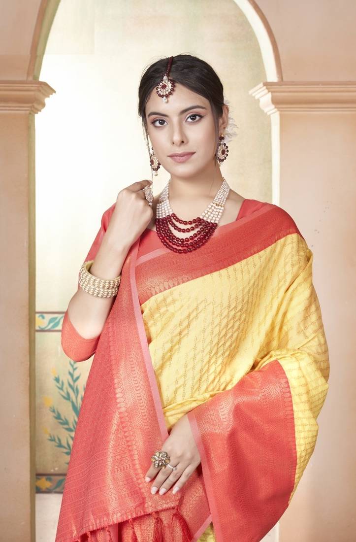 Yellow Kanchivaram Silk Zari Weaving With Gold Zari Border And Pallu Saree With Blouse For Women