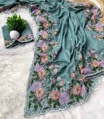 Dark Teal Colour pure soft matka silk saree with beautiful embroidery work