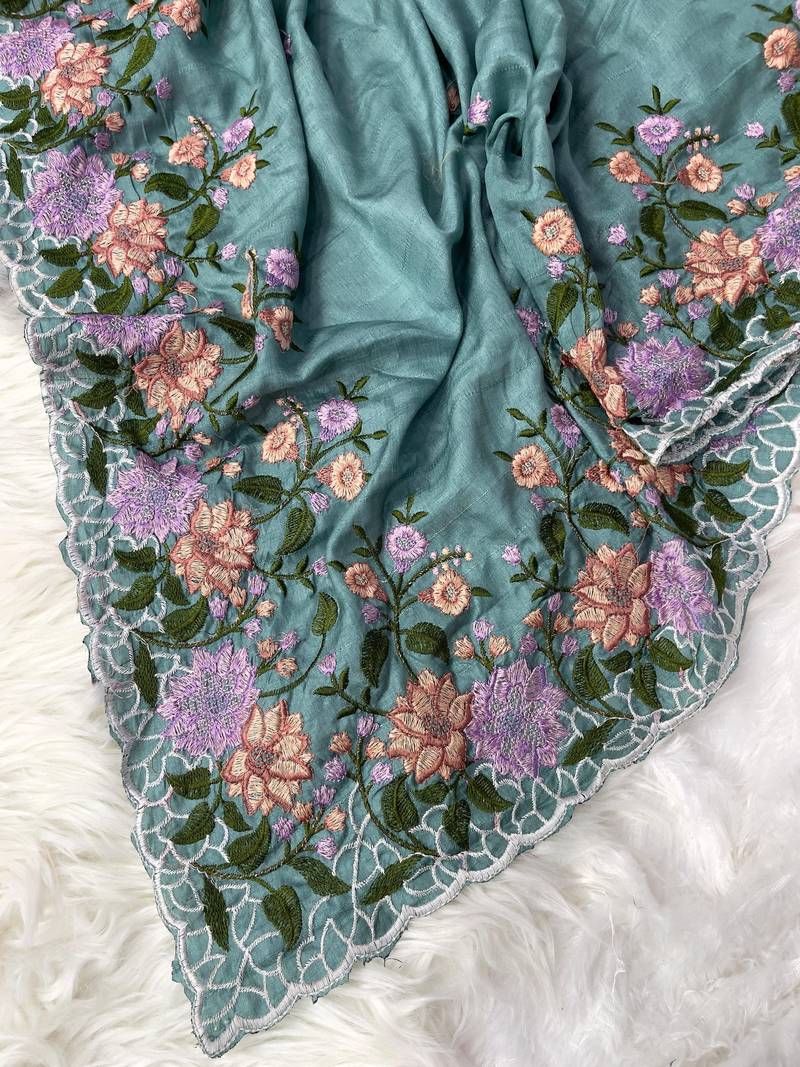 Dark Teal Colour pure soft matka silk saree with beautiful embroidery work