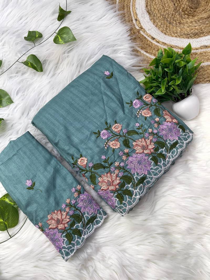 Dark Teal Colour pure soft matka silk saree with beautiful embroidery work