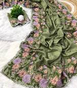 Olive Colour pure soft matka silk saree with beautiful embroidery work