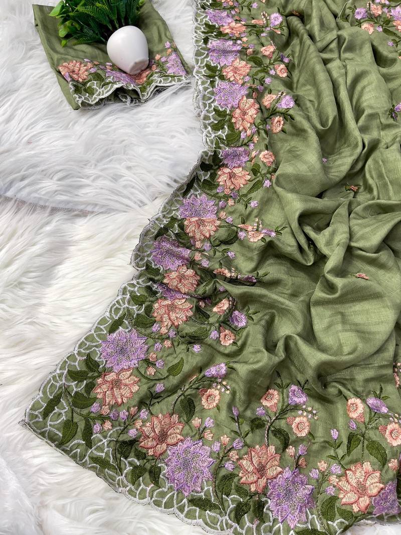 Olive Colour pure soft matka silk saree with beautiful embroidery work