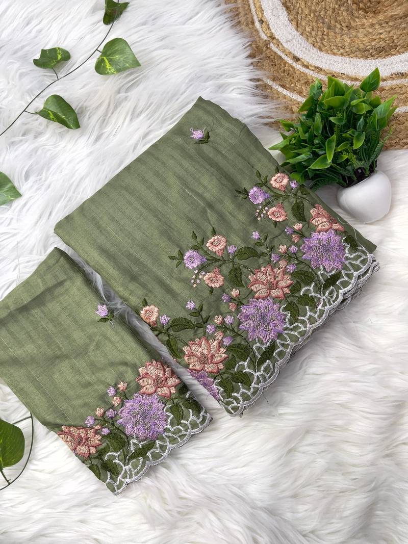Olive Colour pure soft matka silk saree with beautiful embroidery work