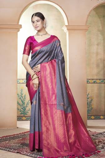 Blue Kanchivaram Silk Zari Weaving With Gold Zari Border And Pallu Saree With Blouse For Women