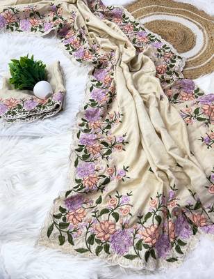 Cream Colour pure soft matka silk saree with beautiful embroidery work 1