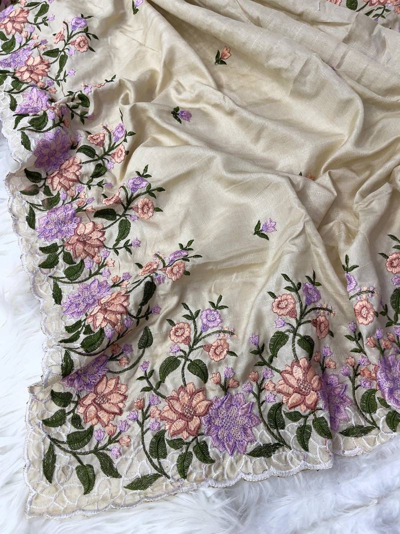 Cream Colour pure soft matka silk saree with beautiful embroidery work