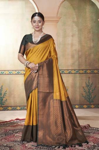 Mustard Kanchivaram Silk Zari Weaving With Gold Zari Border And Pallu Saree With Blouse For Women
