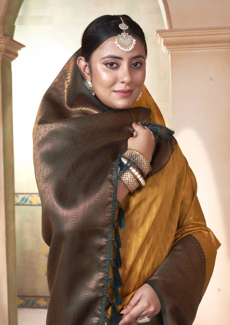 Mustard Kanchivaram Silk Zari Weaving With Gold Zari Border And Pallu Saree With Blouse For Women