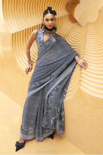 Printed georgette classic saree in grey