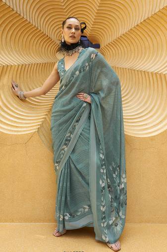 Printed georgette classic saree in teal