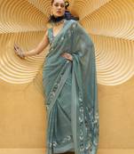 Printed georgette classic saree in teal