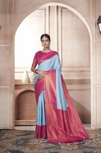 Sky Blue Kanchivaram Silk Zari Weaving With Gold Zari Border And Pallu Saree With Blouse For Women