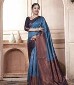 Indigo Kanchivaram Silk Zari Weaving With Gold Zari Border And Pallu Saree With Blouse For Women
