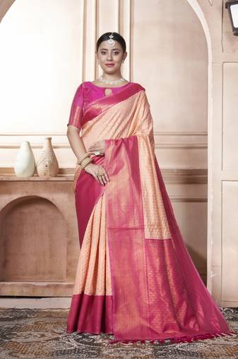 Peach Kanchivaram Silk Zari Weaving With Gold Zari Border And Pallu Saree With Blouse For Women