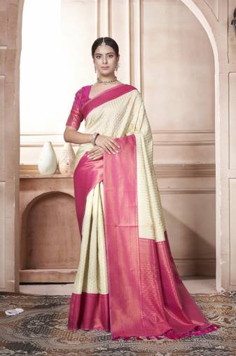 White Kanchivaram Silk Zari Weaving With Gold Zari Border And Pallu Saree With Blouse For Women