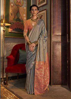 Tussar silk blend weaving grey saree 1