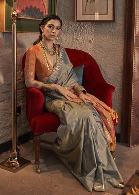 Tussar silk blend weaving grey saree 2