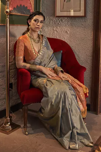 Tussar silk blend weaving grey saree