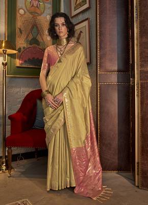 Tussar silk blend weaving golden saree 1