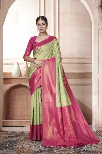 Light Green Kanchivaram Silk Zari Weaving With Gold Zari Border And Pallu Saree With Blouse For Women