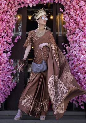 Printed satin brown colour saree 1
