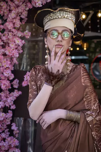 Printed satin brown colour saree